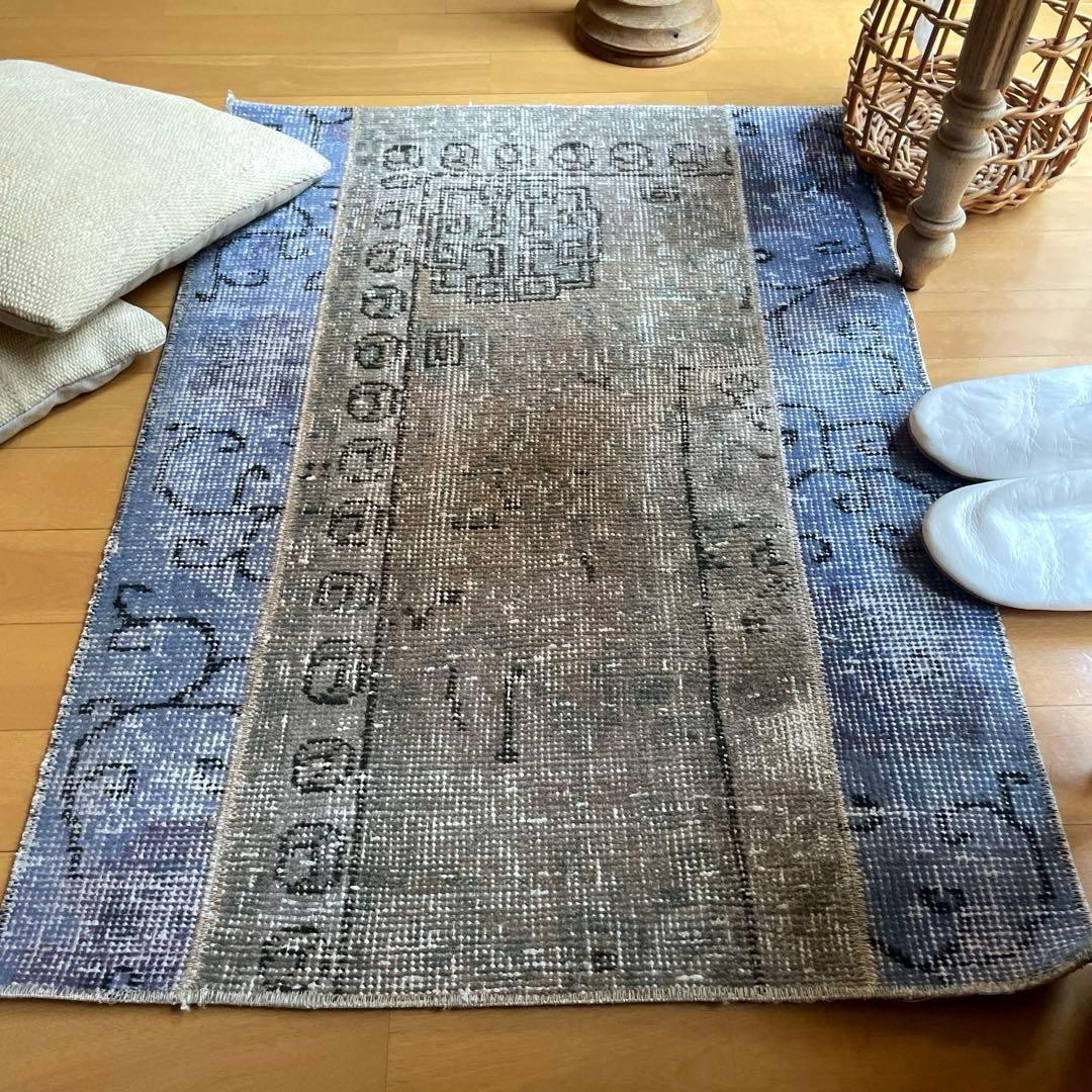 58×82 パッチワークオーバーダイ　ブルー×グレイ　トルコヴィンテージラグ
