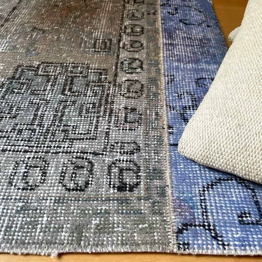 58×82 パッチワークオーバーダイ　ブルー×グレイ　トルコヴィンテージラグ