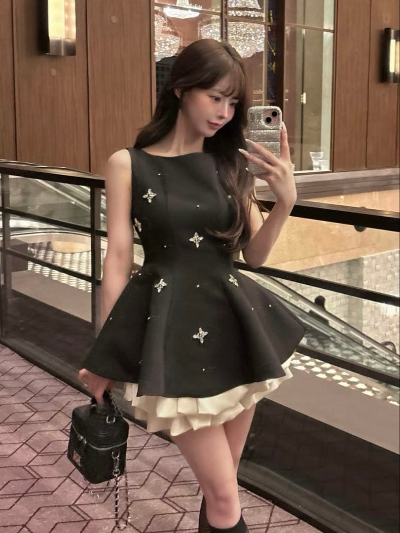 Darich♡ビジューフレアバルーンミニドレス　(BLK・FLサイズ)