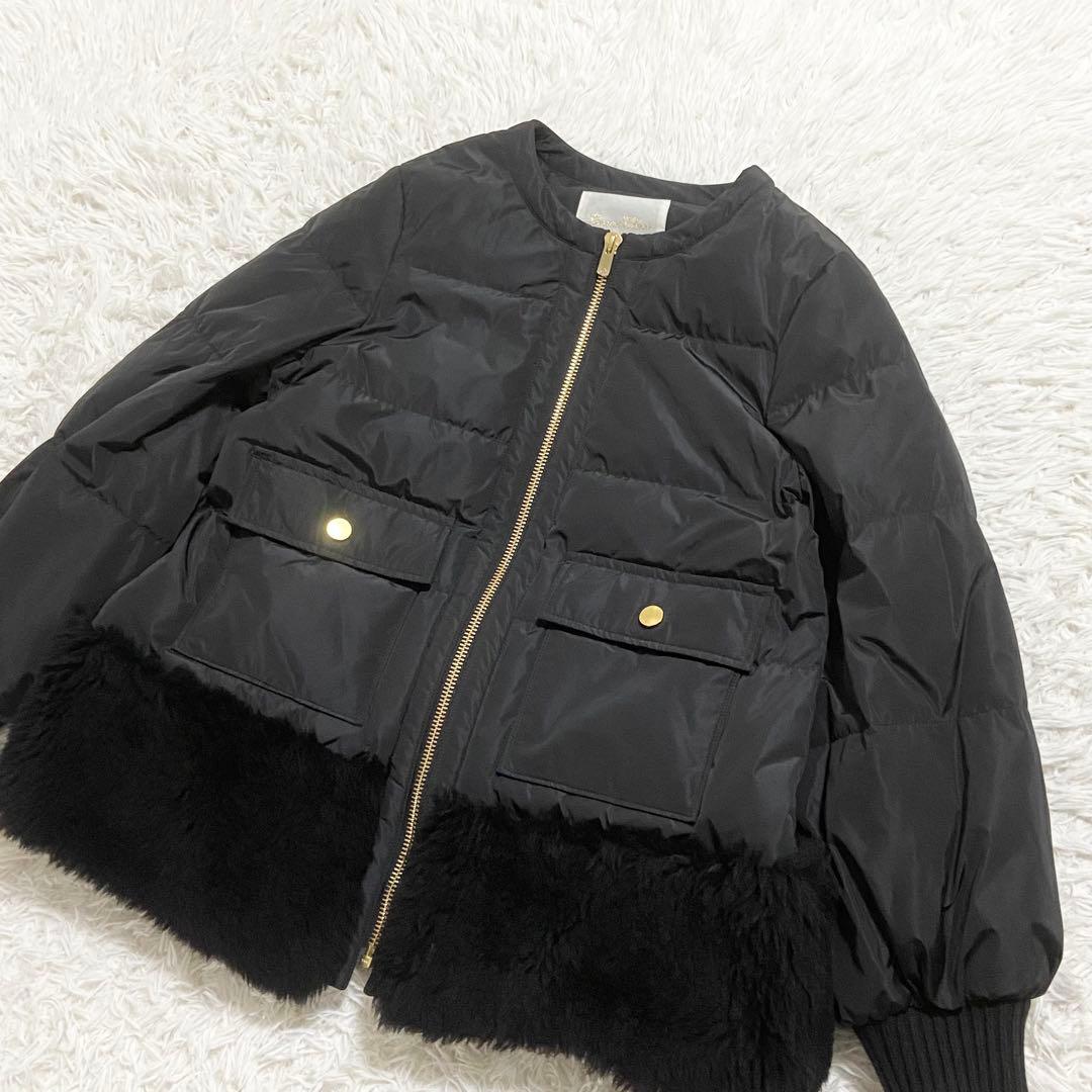 極美品　グレースクラス　ボアコンビダウンジャケット　ノーカラー　ブラック　36