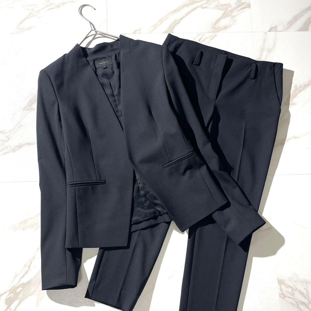 美品✨ セオリー ノーカラージャケット パンツスーツ セットアップ ネイビー