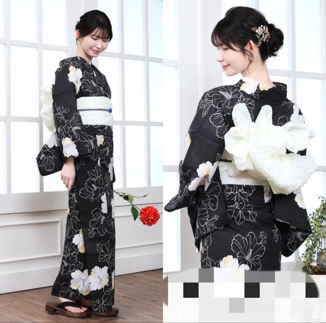 レディース 浴衣 ブラック ハイビスカス