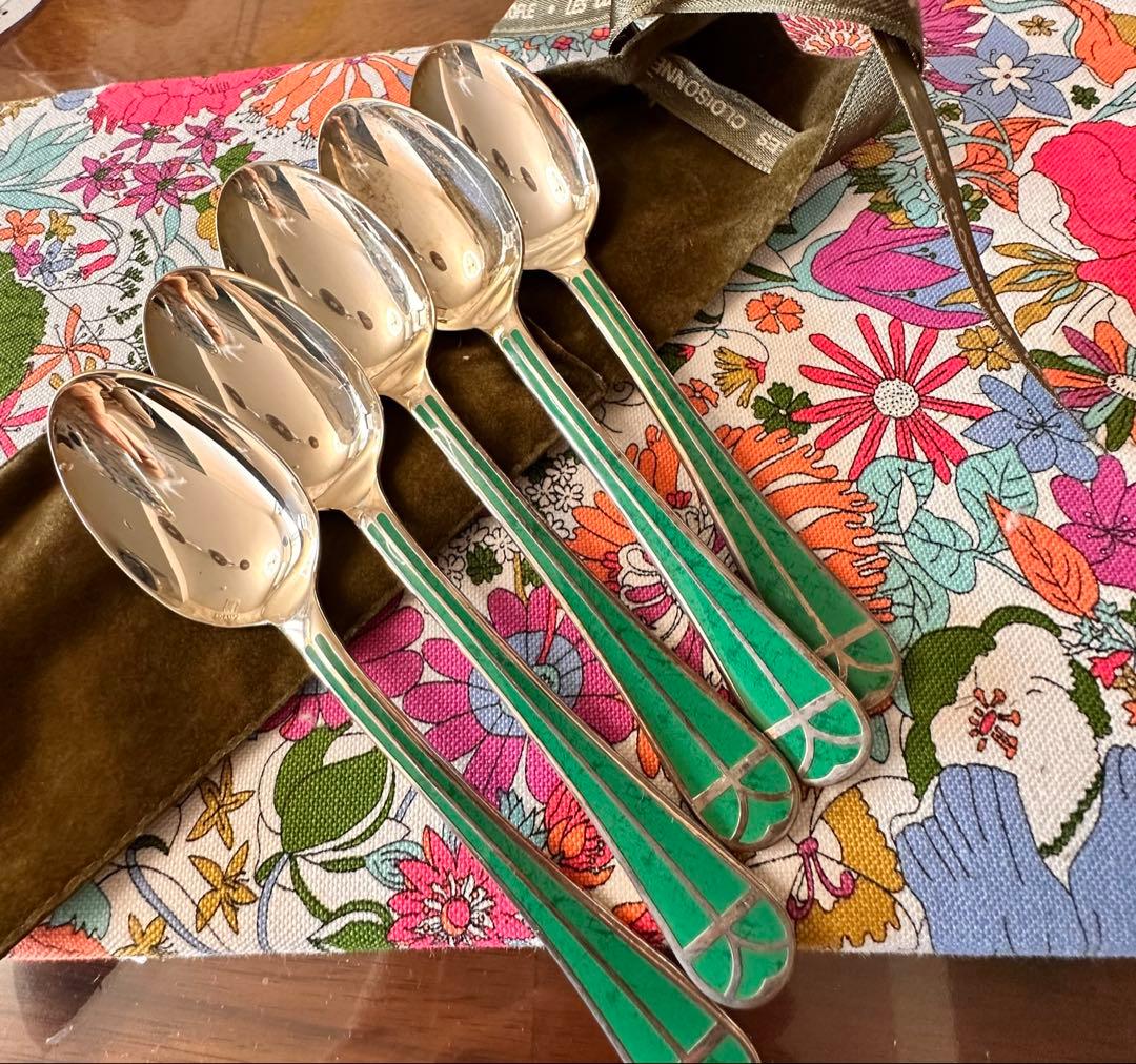 クリストフルシルバー緑色ハンドルのティースプーン5本セット