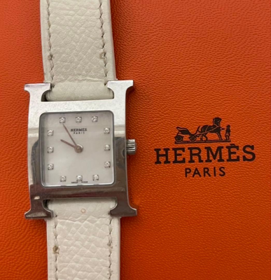 HERMES ウォッチ レディース 12P ダイヤ ホワイトシェル クォーツ