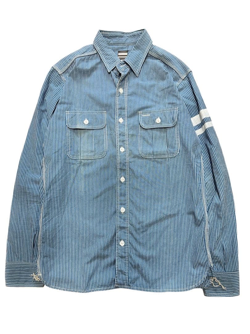 希少！桃太郎ジーンズ 対戦 ヒッコリー ストライプ長袖オープンシャツ 40(L)