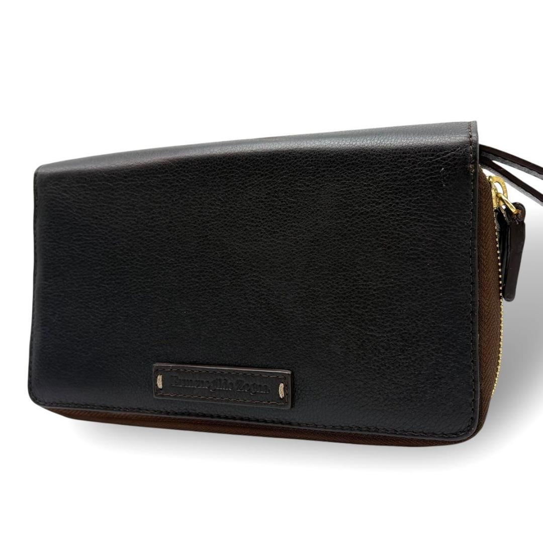 美品 エルメネジルドゼニア　オーガナイザー　長財布　ラウンドファスナー　ブラウン