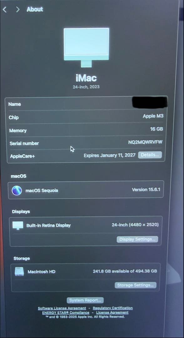 K*.様 iMac M3 24インチ 16GB/512GB AppleCare+