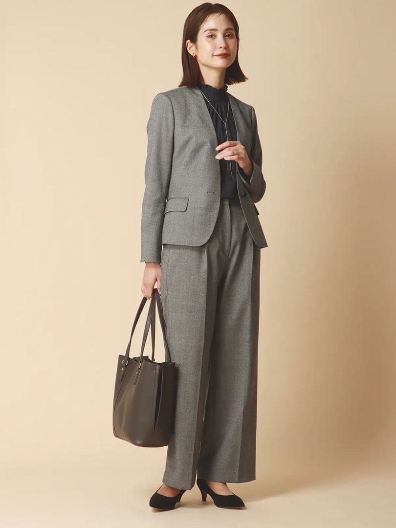 [未使用]スーツスクエア　ノーカラー　洗える　ストレッチ　パンツセットアップ　L