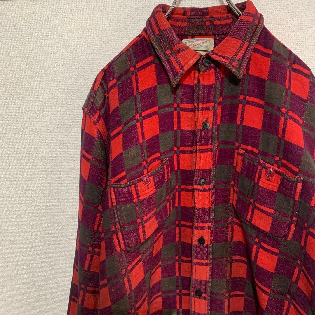 champion マチ付き　ネルシャツ　XL 80s