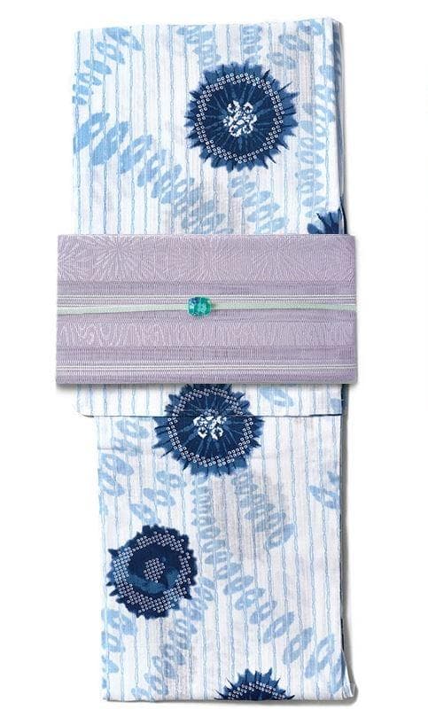 半額以下★最終価格★美術サロン高級浴衣 近江ちぢみ藍捺染 白紺　知多木綿　麻混