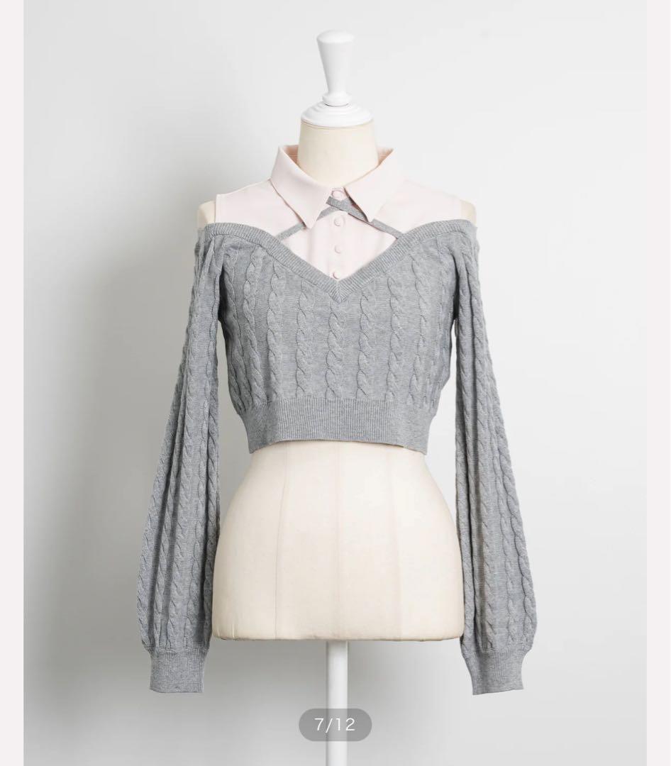 piumシャツレイヤードオープンショルダーニット