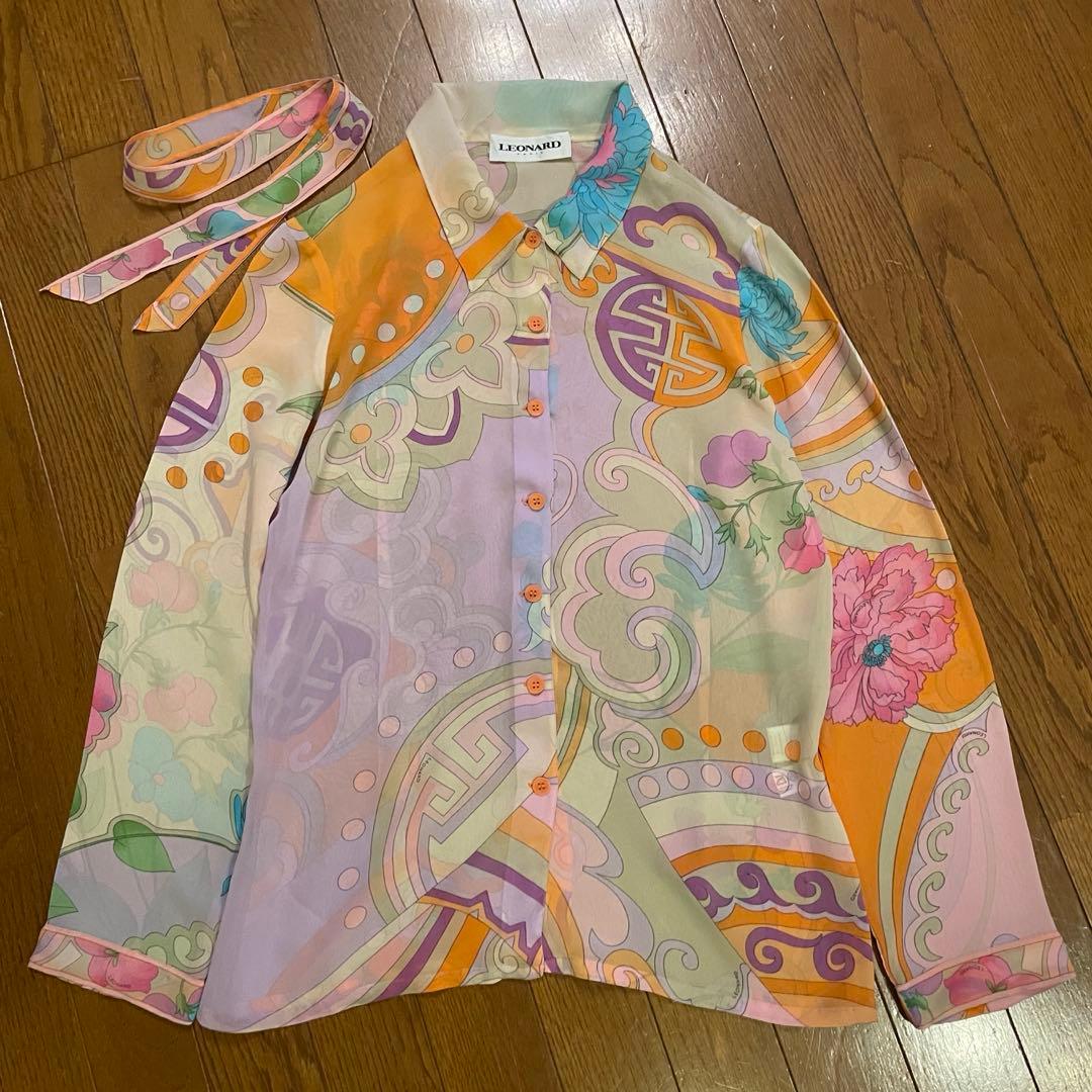 LEONARD レオナール　長袖　シルク　カラー　シャツ