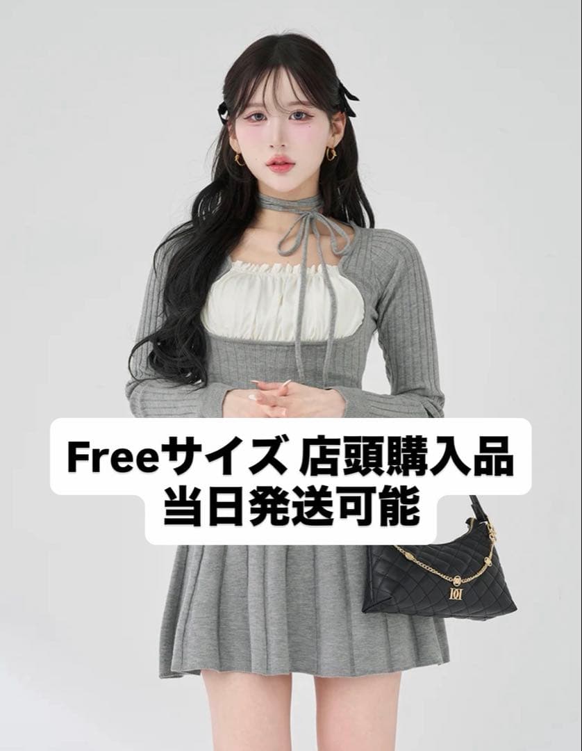Darich ネックリボンデザインフレアミニワンピース GRY Free