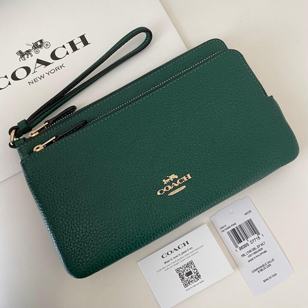 COACH コーチ　ダブルジップポーチ　長財布　リストレット ダークパイン　緑色