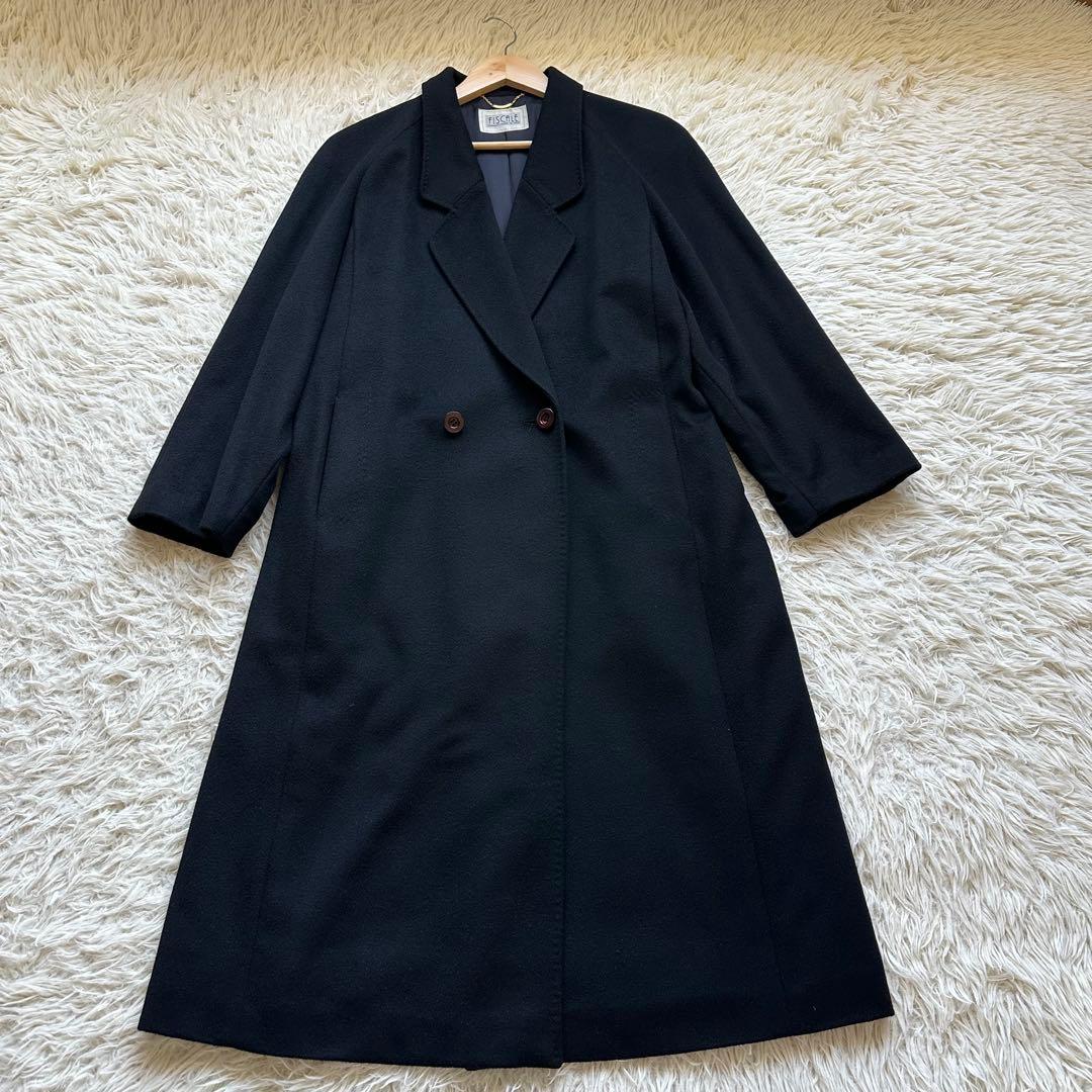 美品✨カシミヤ100%チェスターコート　ロング　ダブル　ラグラン袖　黒　ブラック