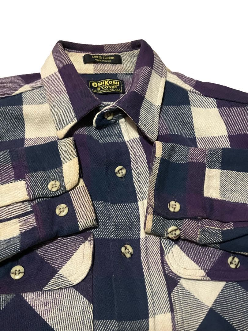 80s オシュコシュ ヘビーネルシャツ パープルカラー ブロックチェック アメ製