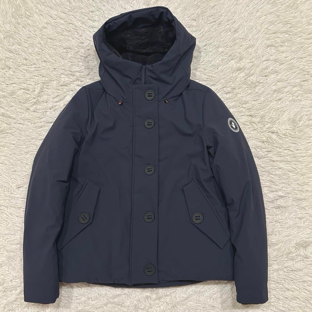 美品 セイブザダック エコダウンジャケット ネイビー　短丈　フード防風　防水
