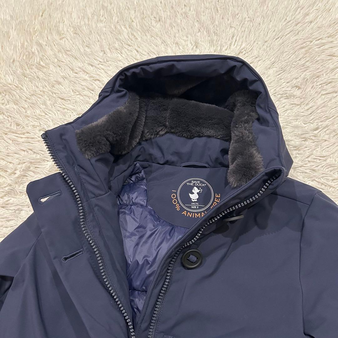 美品 セイブザダック エコダウンジャケット ネイビー　短丈　フード防風　防水