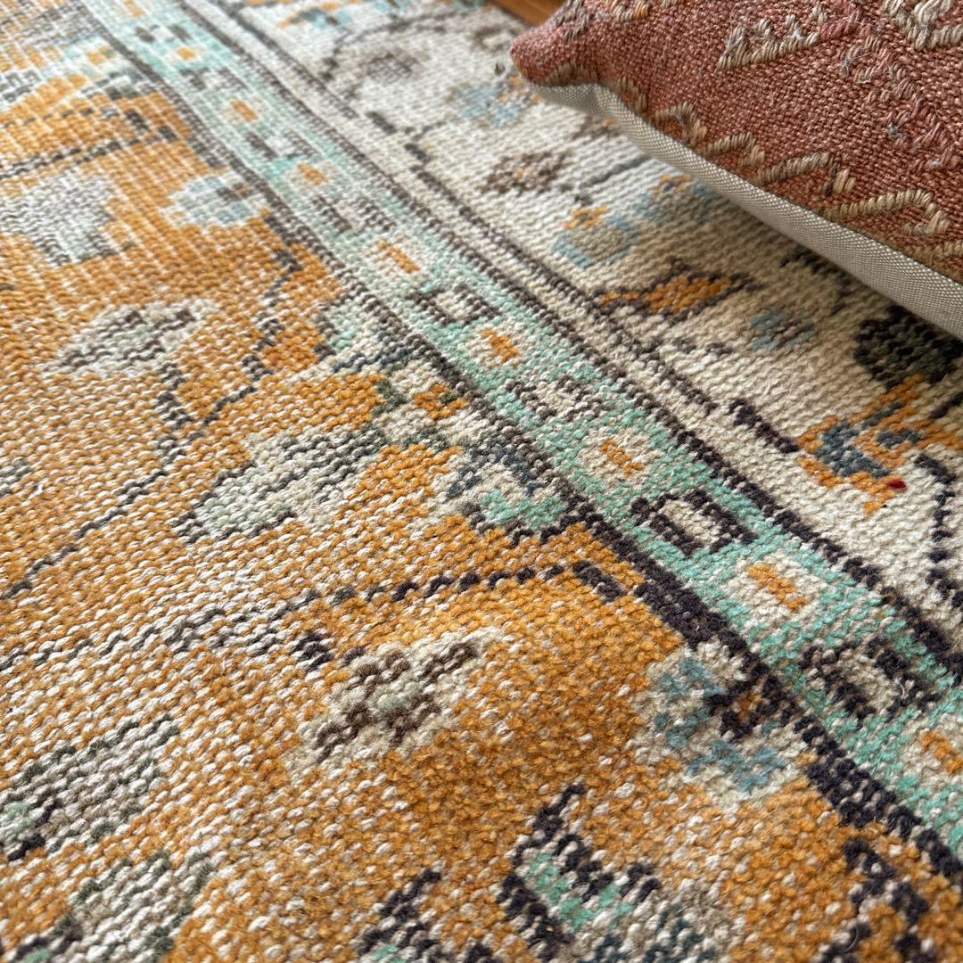 59×147オレンジボタニカル　擦れ　ランナー　トルコヴィンテージラグ