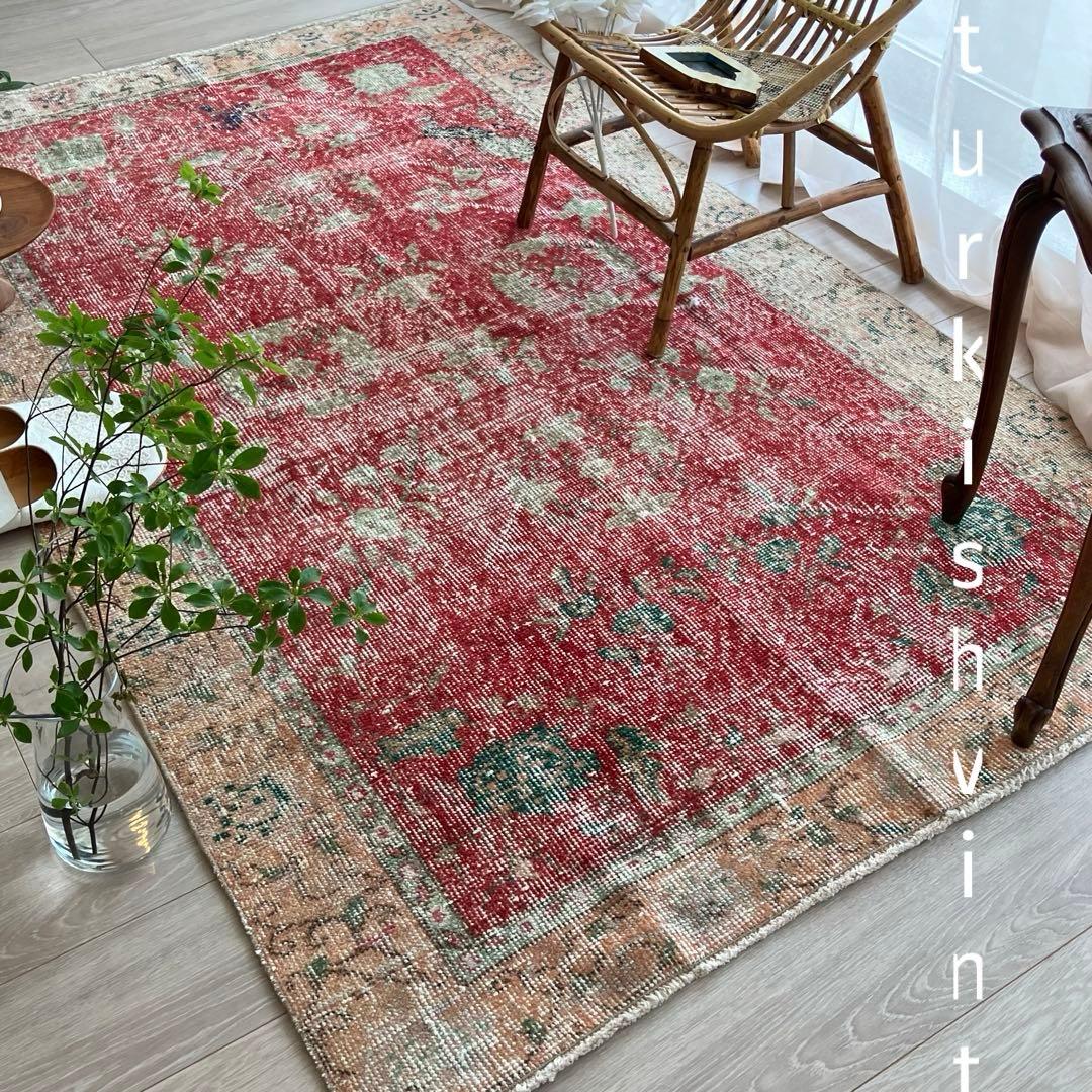 レア✳︎シャビーレッド　囲みコーラルオレンジ　フラワー　トルコヴィンテージラグ