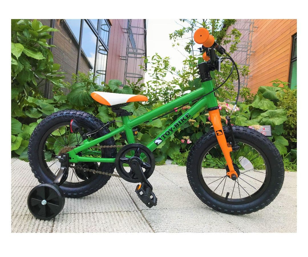 落馬の王子　ヨツバサイクル　幼児用自転車 12インチ 緑オレンジ 補助輪付