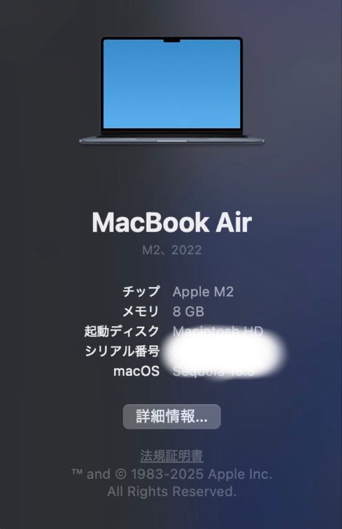 Apple MacBook air m2チップ　バッテリー95%