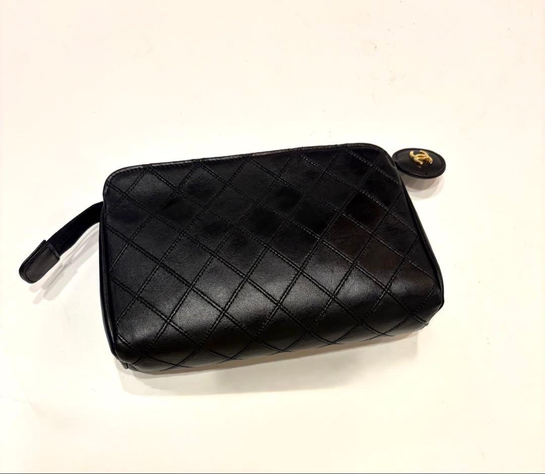 シャネル☆大きめマトラッセポーチ　ココマークポーチ　ビコローレ　ヴィンテージ黒革