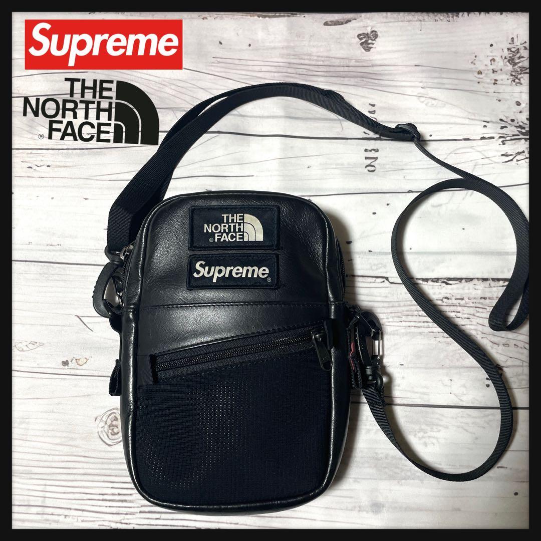 【本革】Supreme ノースフェイス　レザー　ショルダーバッグ　ポーチ　黒
