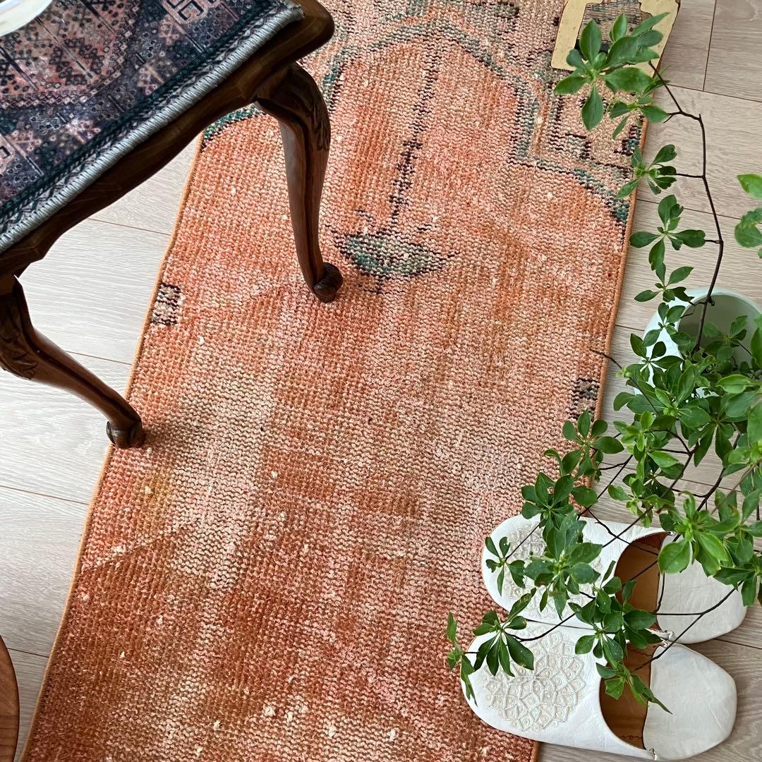 オレンジ✳︎95×46 グリーン　アート　シャンデリア　トルコヴィンテージラグ