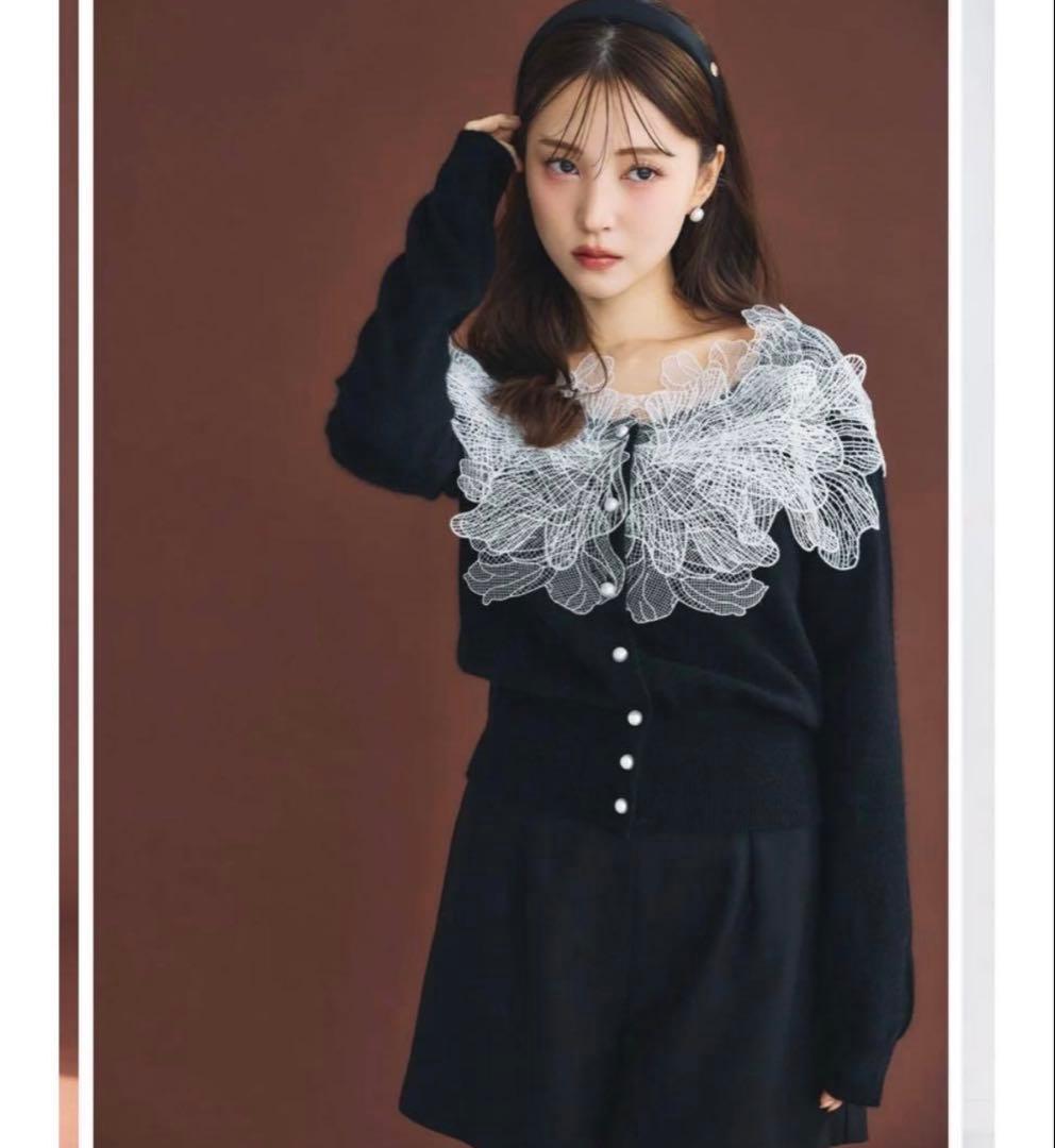 ポローラpolauraフラワーレース装飾 ブラックカーディガン