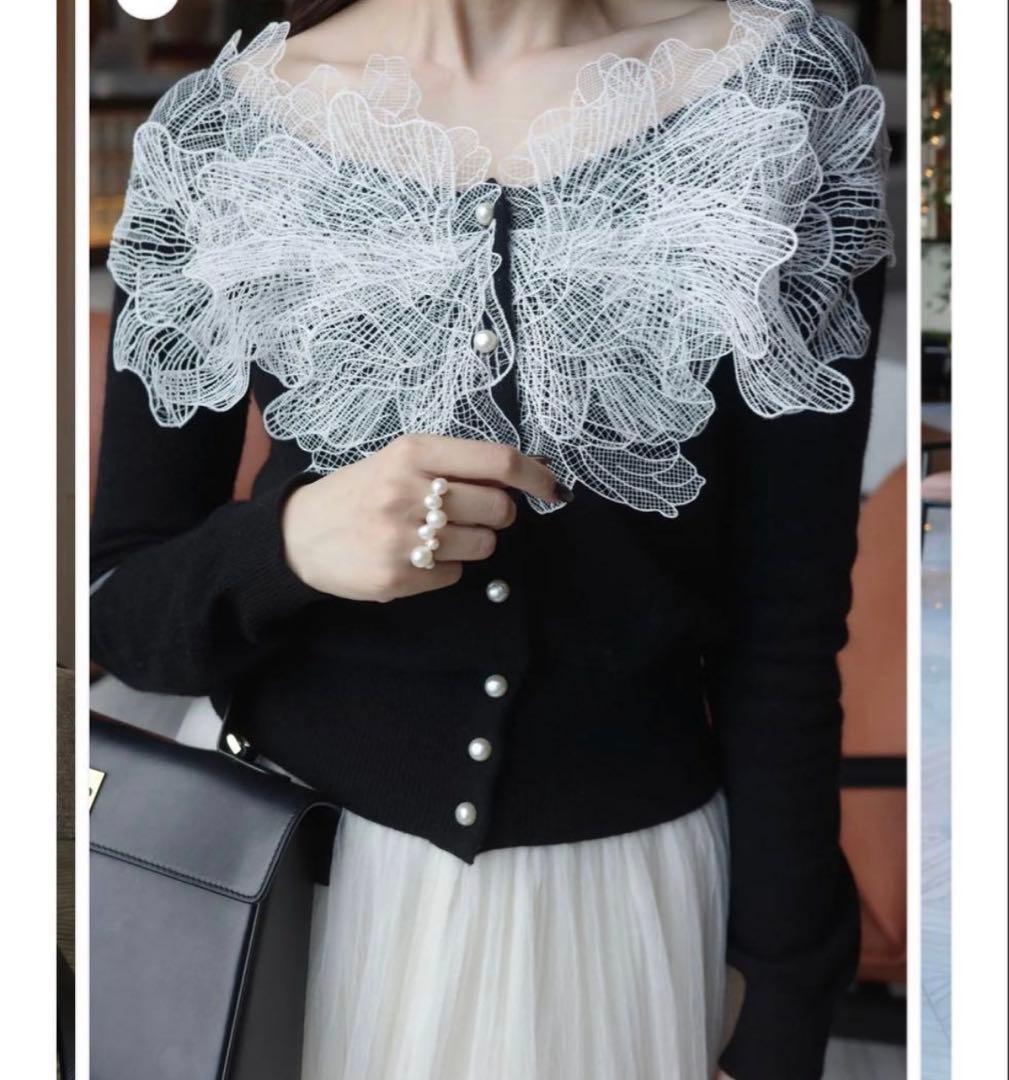 ポローラpolauraフラワーレース装飾 ブラックカーディガン