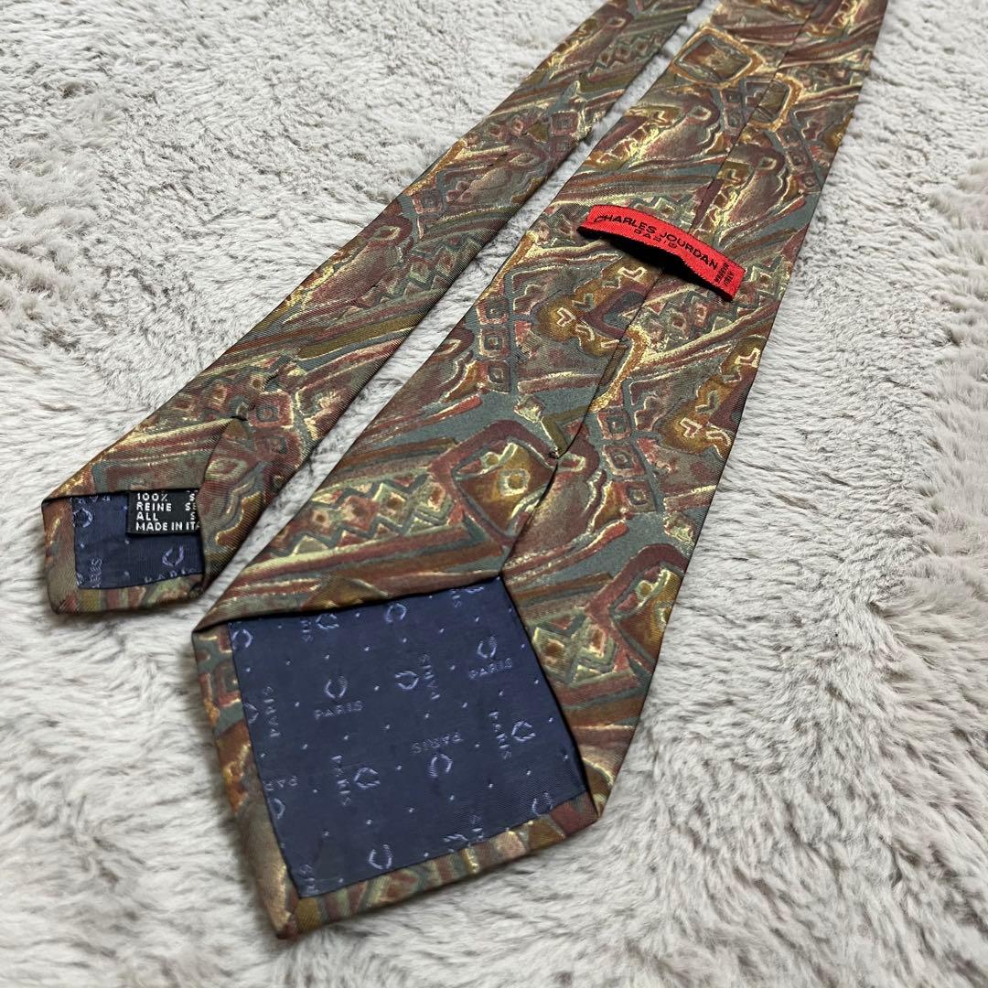 ネクタイシャツスイングトップ　幾何学模様総柄　くすみ色　襟袖切替　レトロ　古着