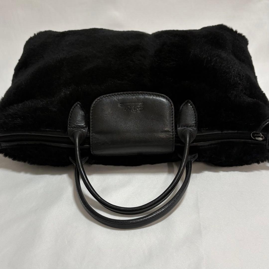 希少 ロンシャン プリアージュ ラビットファー ハンドバッグ 黒色 フランス製