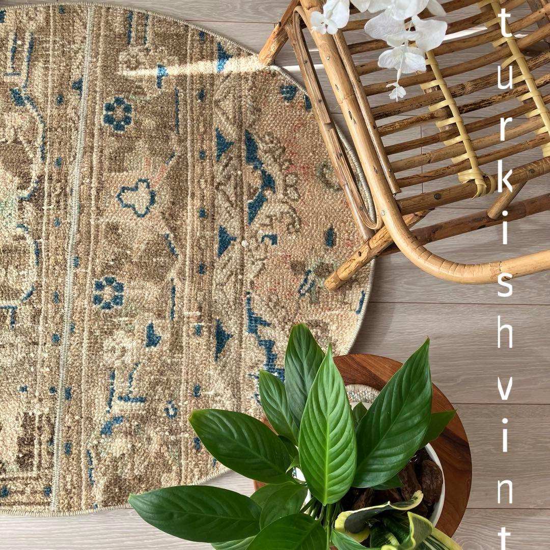 75×88✳︎楕円ラウンド　ブラウン　ブルー　パッチワーク　トルコヴィンテージラグ