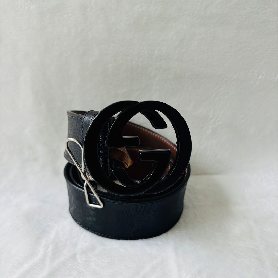 【特別価格】年末年始限定GUCCI GG柄ベルト 黒×黒ロゴ 90サイズ メンズ