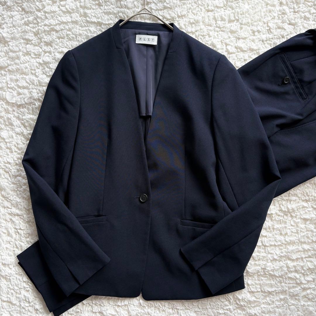 プラステ パンツスーツ セットアップ 2点セット ノーカラー 洗える M／S 紺