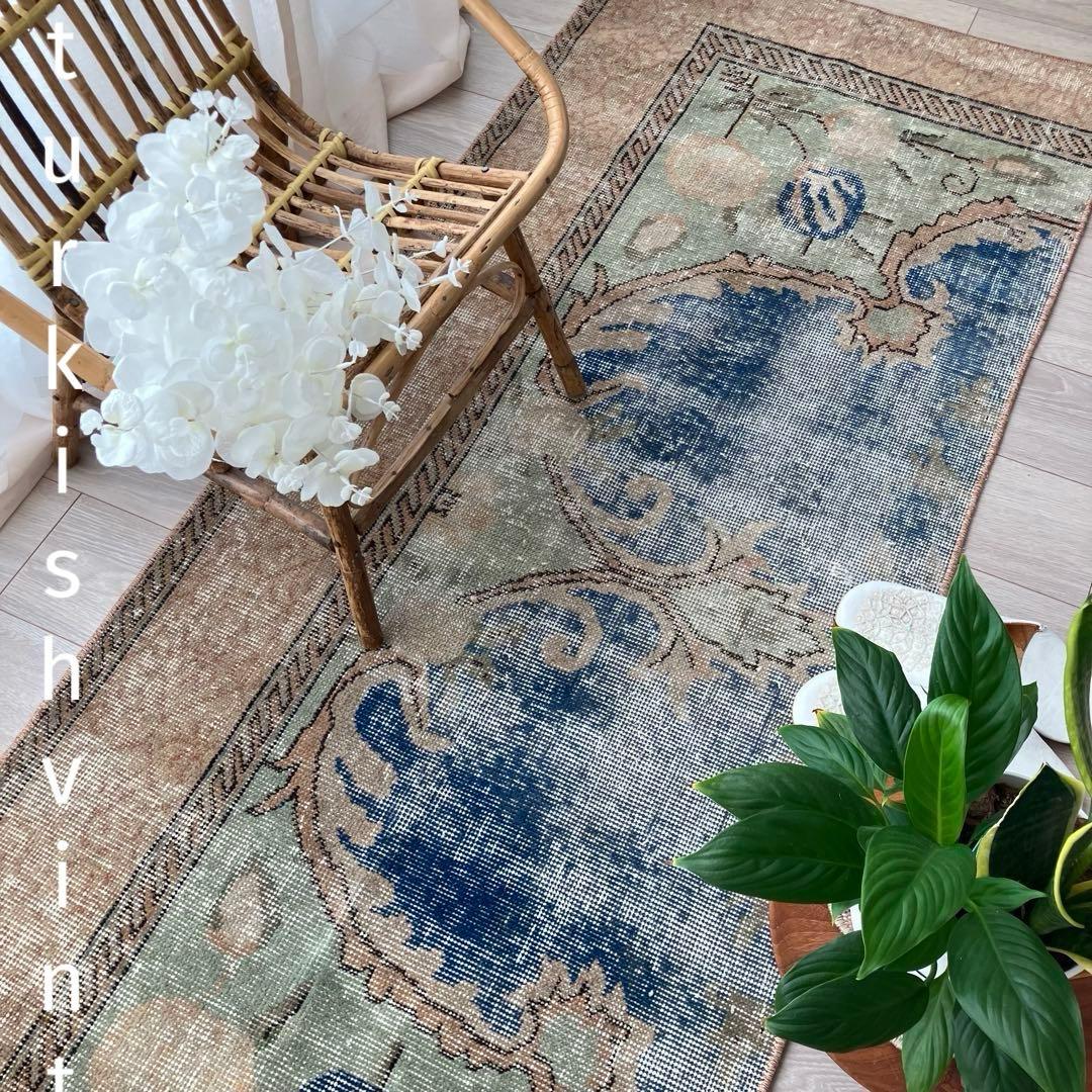 デニムブルー✳︎72×188 ベージュ　ロング　ランナー　トルコヴィンテージラグ