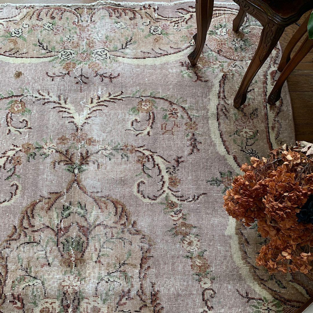 超大判　薔薇　モーヴグレー　241×144 シャビー　トルコ　ヴィンテージラグ