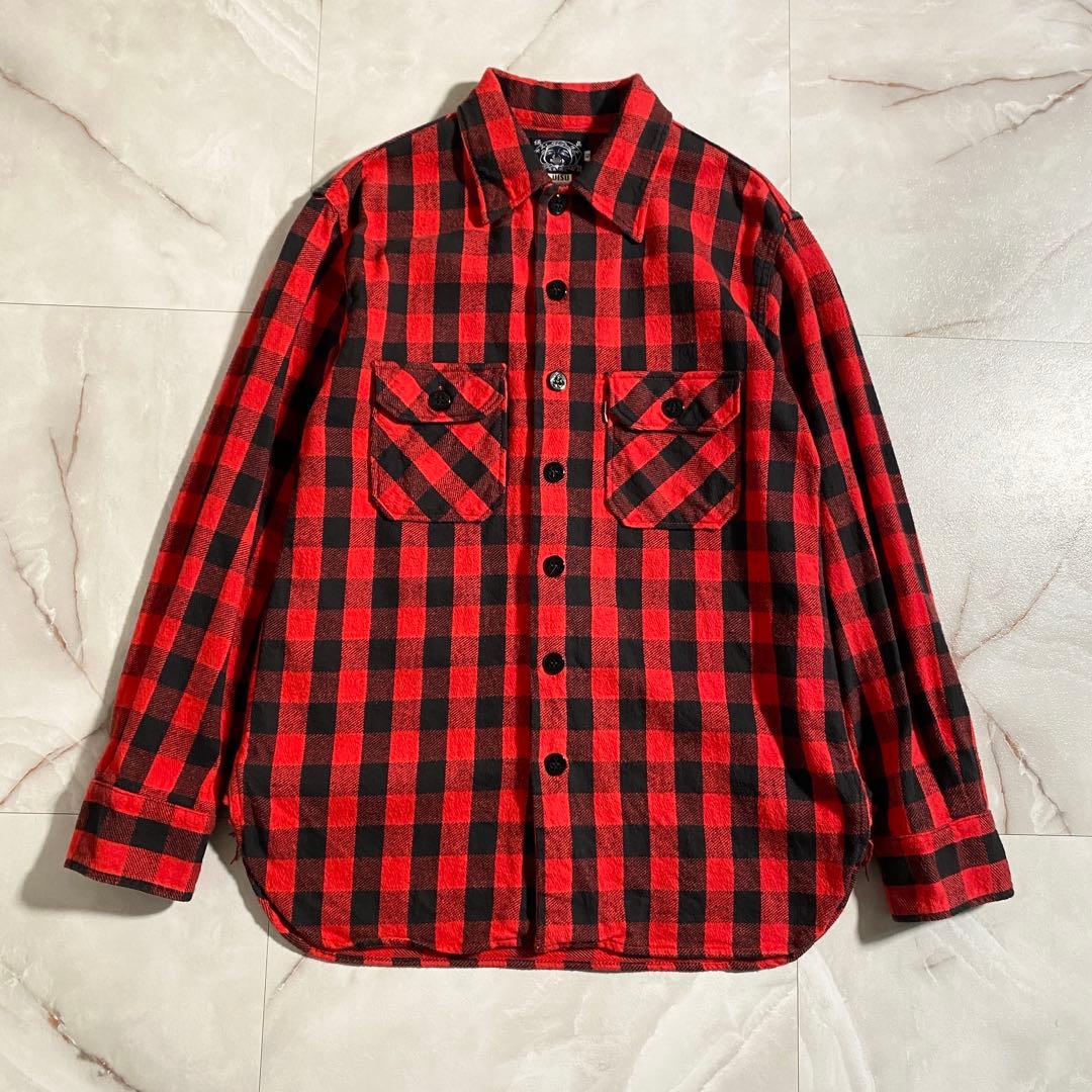 A18553 美品 エヴィス バッファローチェックフランネルシャツ 赤黒 42