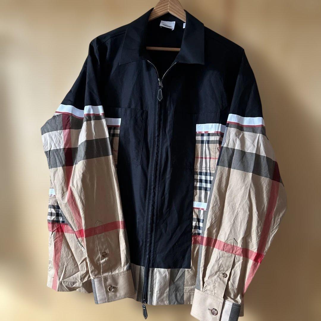 BURBERRY コットン長袖シャツジャケットL 黒/ベージュ