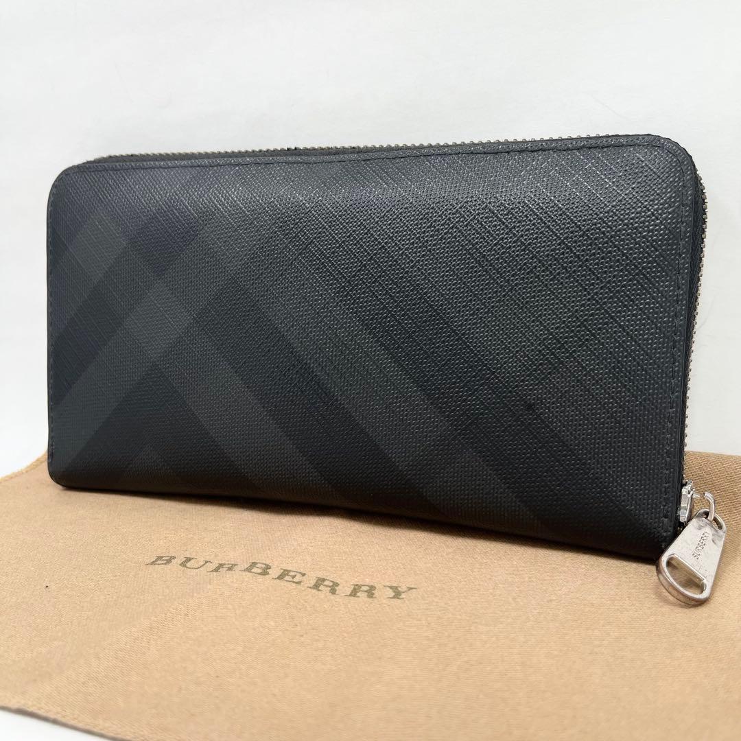 【美品】バーバリー　長財布　シャドーチェック　ラウンドファスナー 希少 ブラック