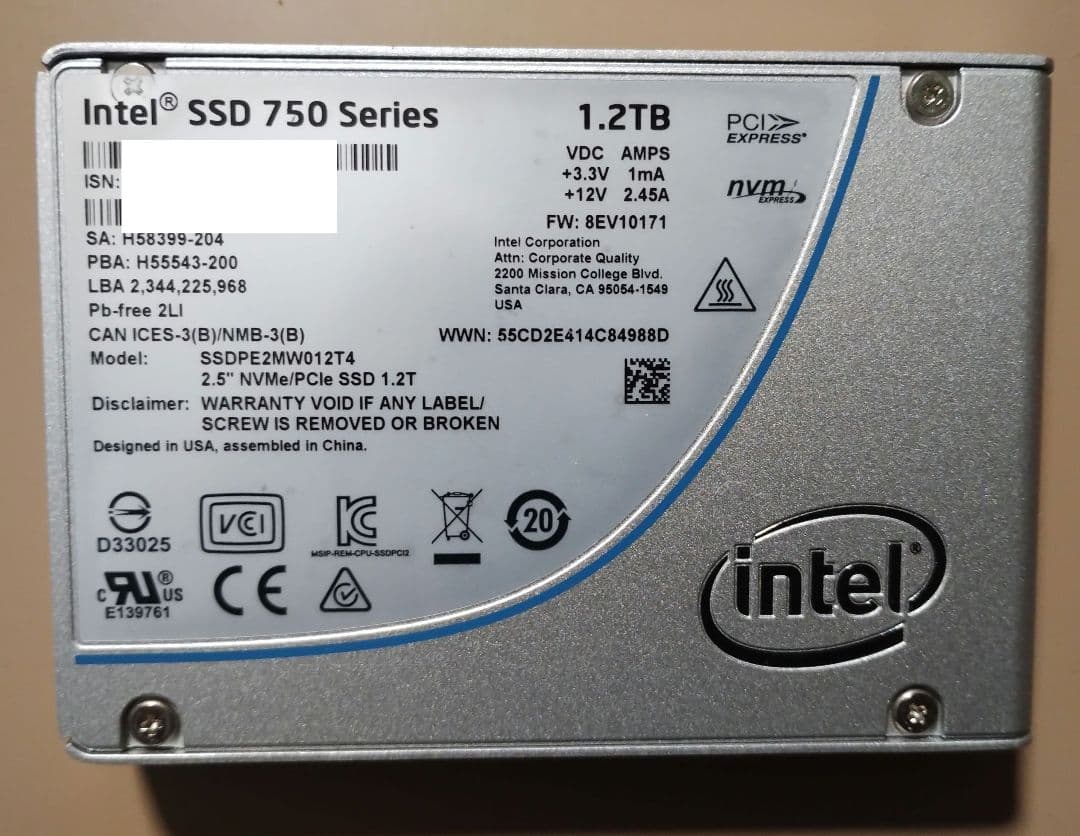 Intel750 1.2TB U.2 NVMe 変換ケーブル付