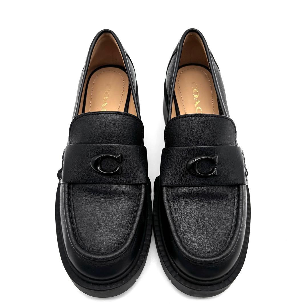 未使用保管品 コーチ リア ローファー C金具 レザー レディース 23cm 黒