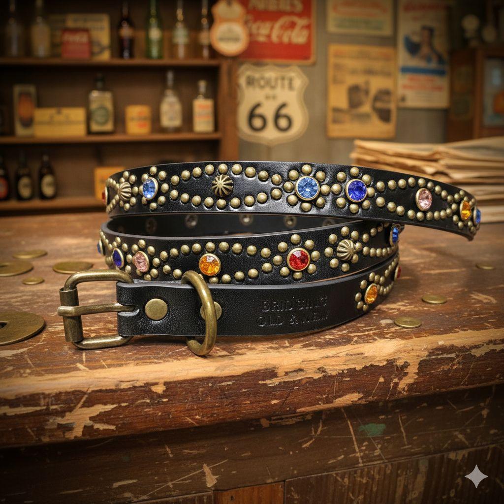 クロス虹■本革レザーフルスタッズナローベルト☆マルチアンティークゴールドブラスト