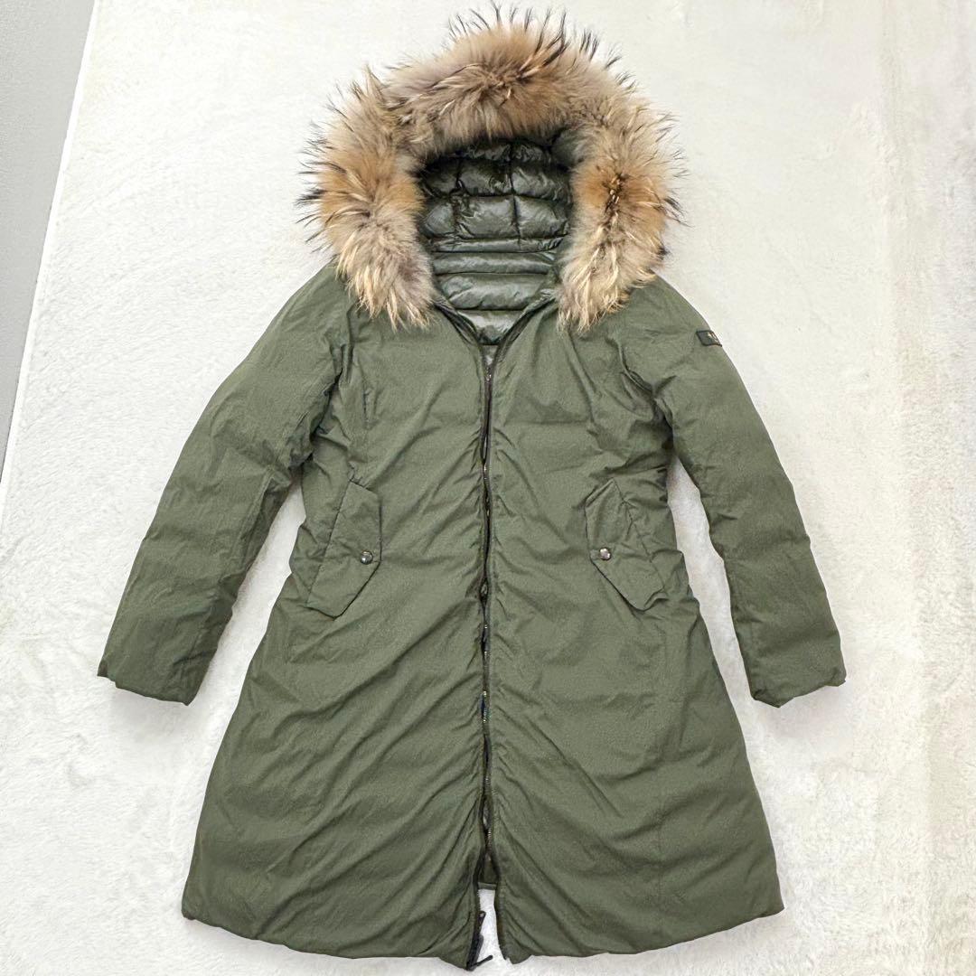 美品　タトラス　リバーシブル　ダウン　ロング丈　ファー　Aライン　光沢　カーキ