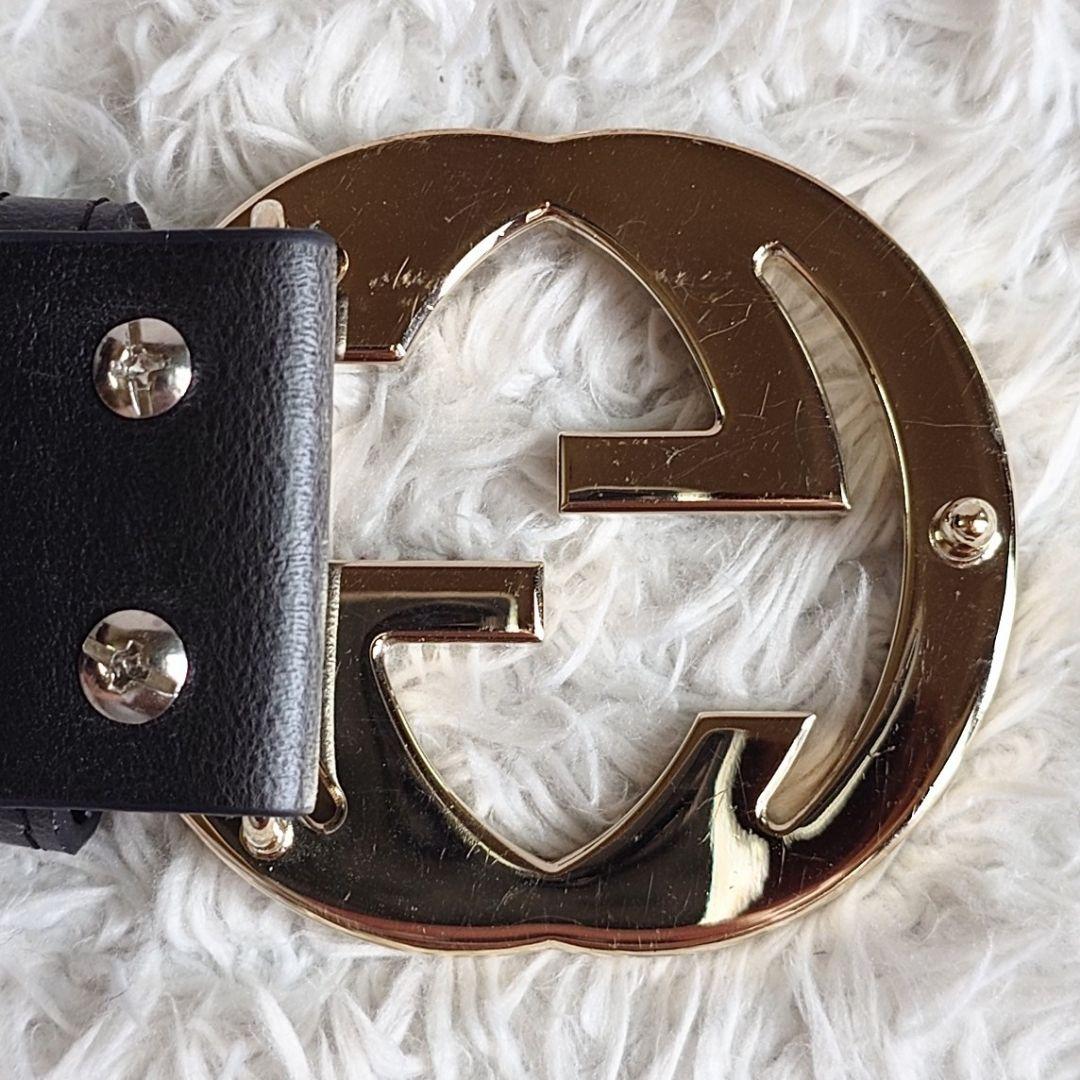 グッチ インターロッキング ゴールド バックル レザー ベルト ロゴ金具 黒