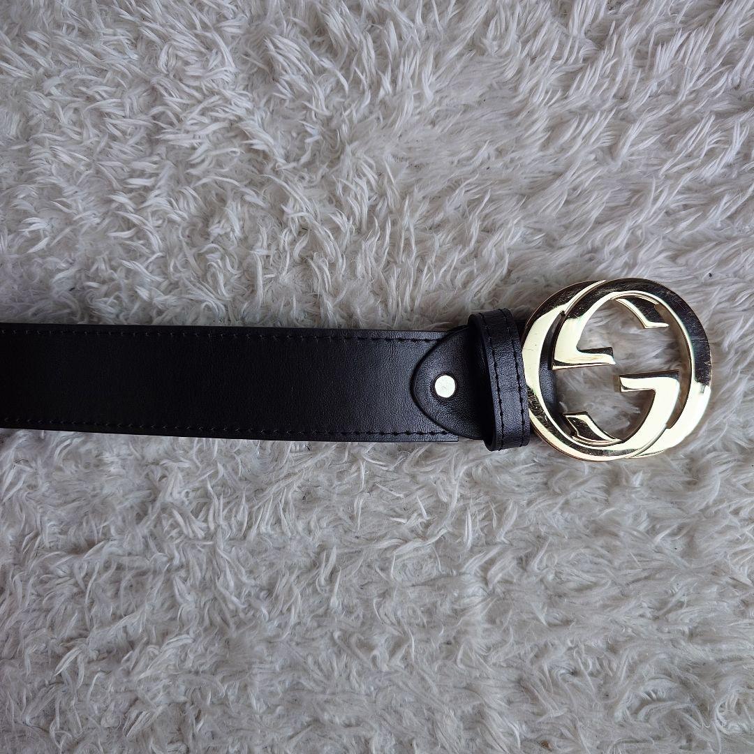 グッチ インターロッキング ゴールド バックル レザー ベルト ロゴ金具 黒