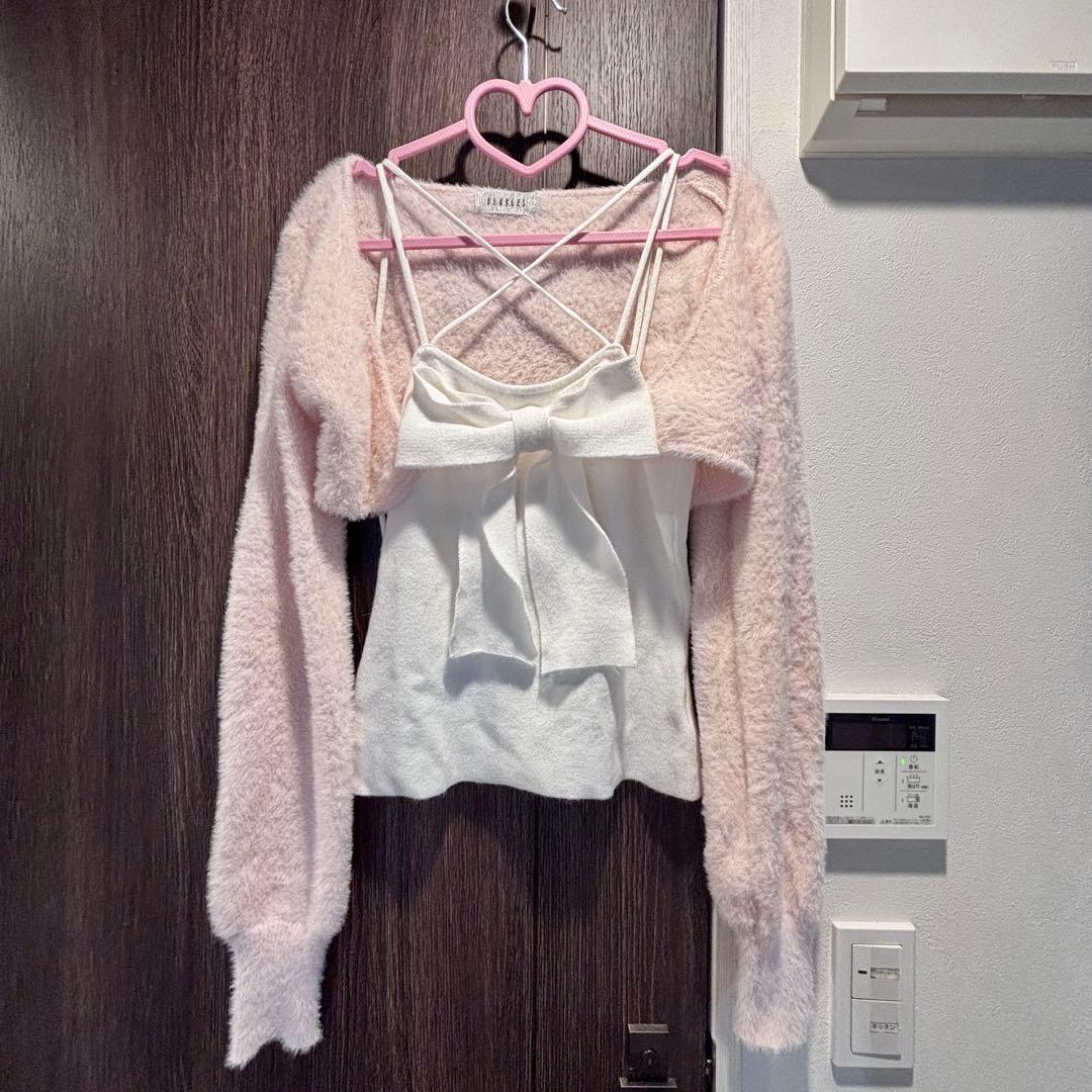 BUBBLES リボンニットアンサンブル ピンク×ホワイト バブルス