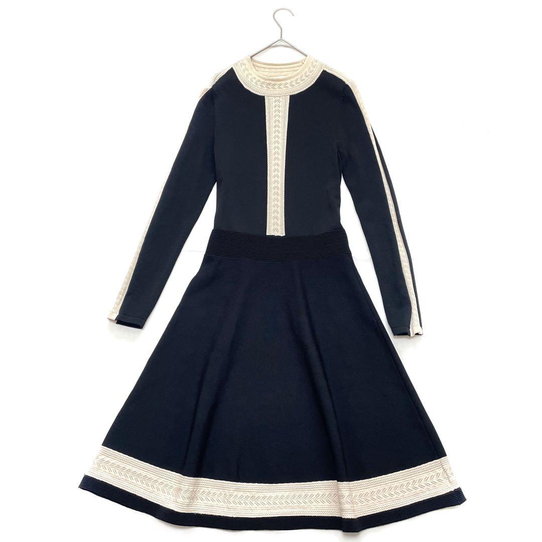 サンドロ　ニットワンピース　バイカラー　レース ブラック　アイボリー　Sサイズ