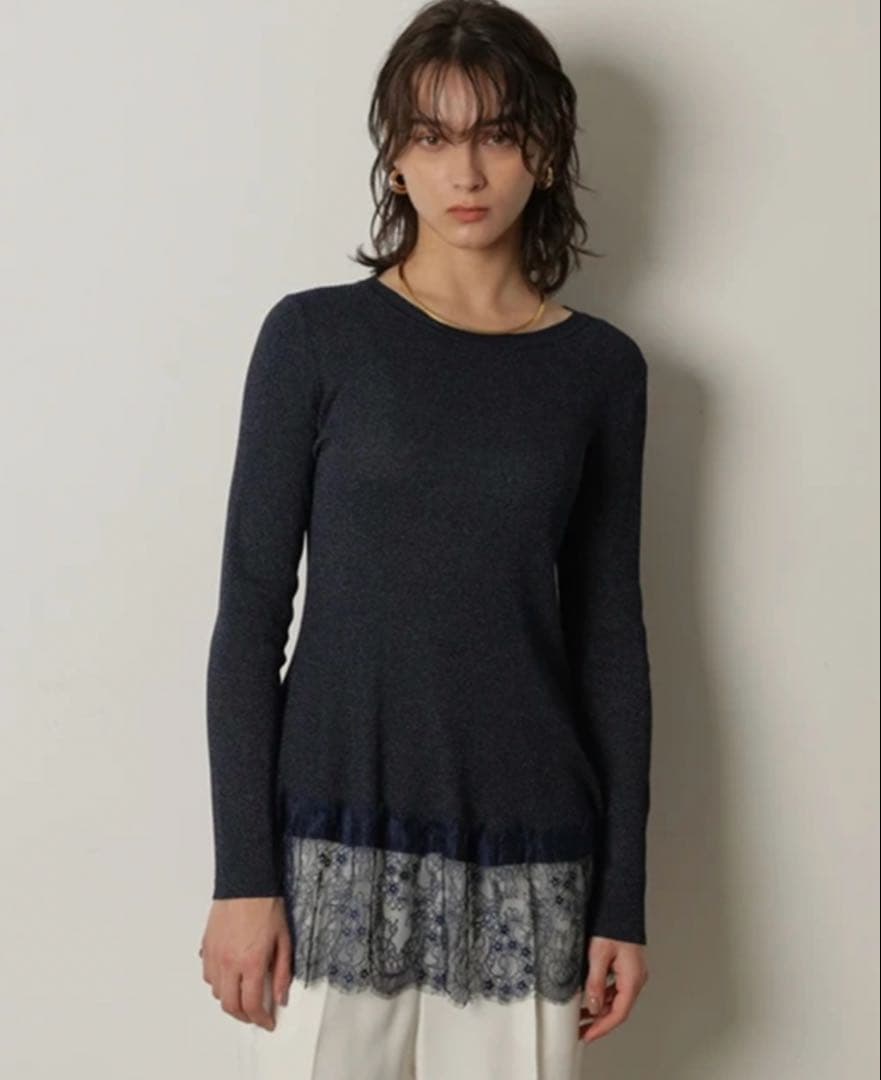 タイムセール　新品　未使用　CADUNE 裾レースハイゲージニット　ネイビー